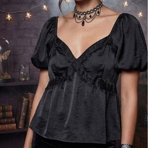 AND NOW THIS Black Silky Lace Inset Puff Sleeve Top Romantic Goth Dark Academia